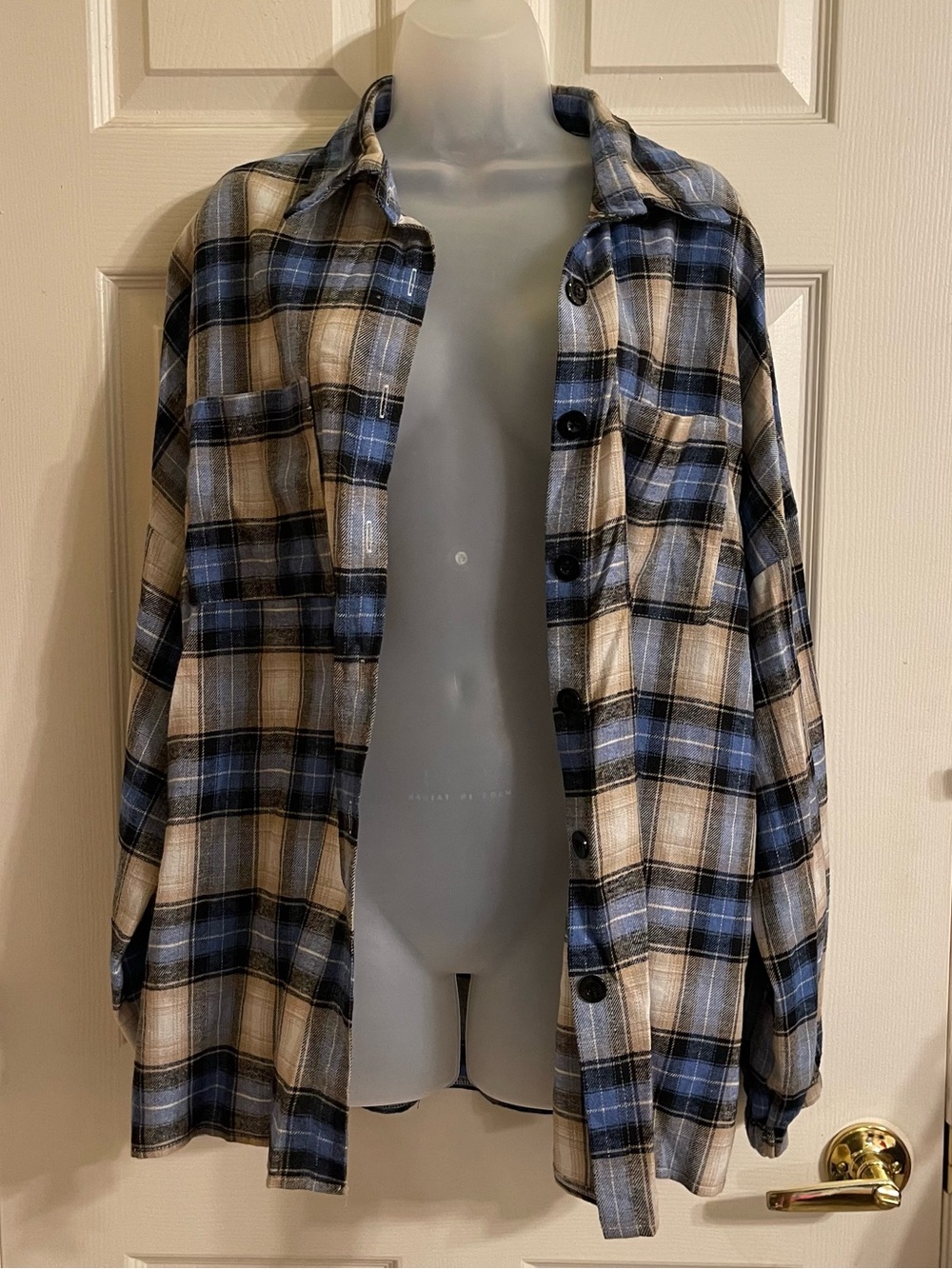 Blue and Tan Plaid Button-Up Shirt Jacket